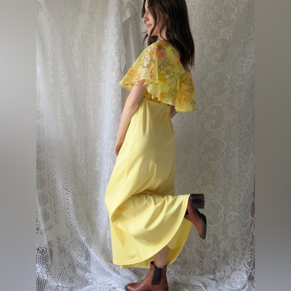 Vintage Yellow Floral Chiffon Maxi Dress 70s Prairie Garden Party - Picture 7 of 14